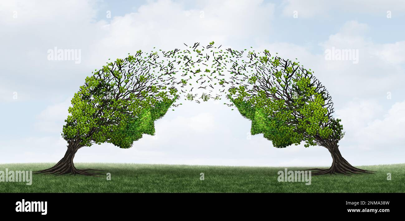 Kommunikationstransferkonzept und Psychologie- oder Psychiatrie-Konzept als zwei Individuen als Bäume, die mit 3D Illustrationselementen kommunizieren. Stockfoto