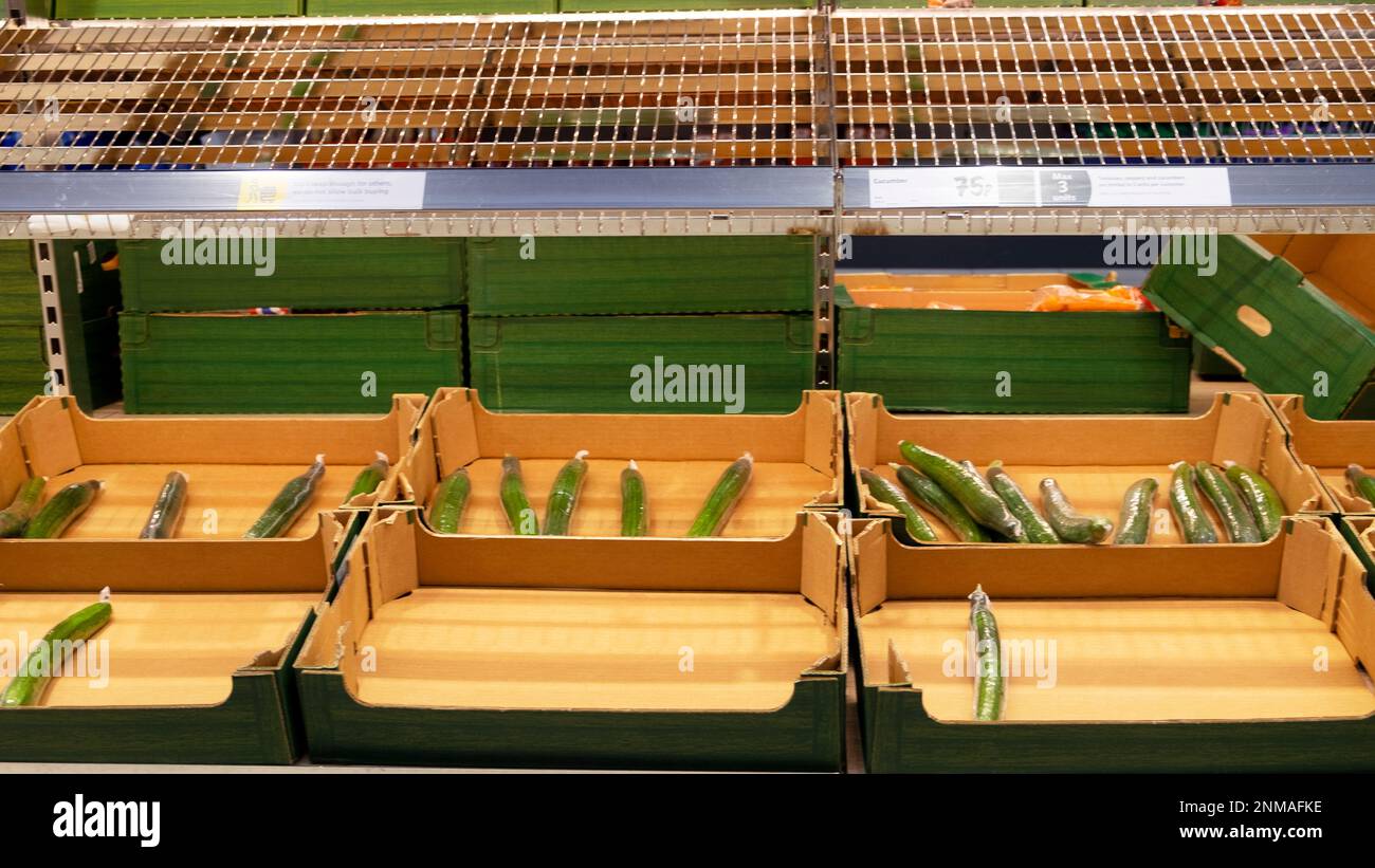 Obst und Gemüse Gemüse Lebensmittelknappheit Krise leere Regale Kisten und Kisten im Lidl Supermarkt Großbritannien Februar 2023 KATHY DEWITT Stockfoto