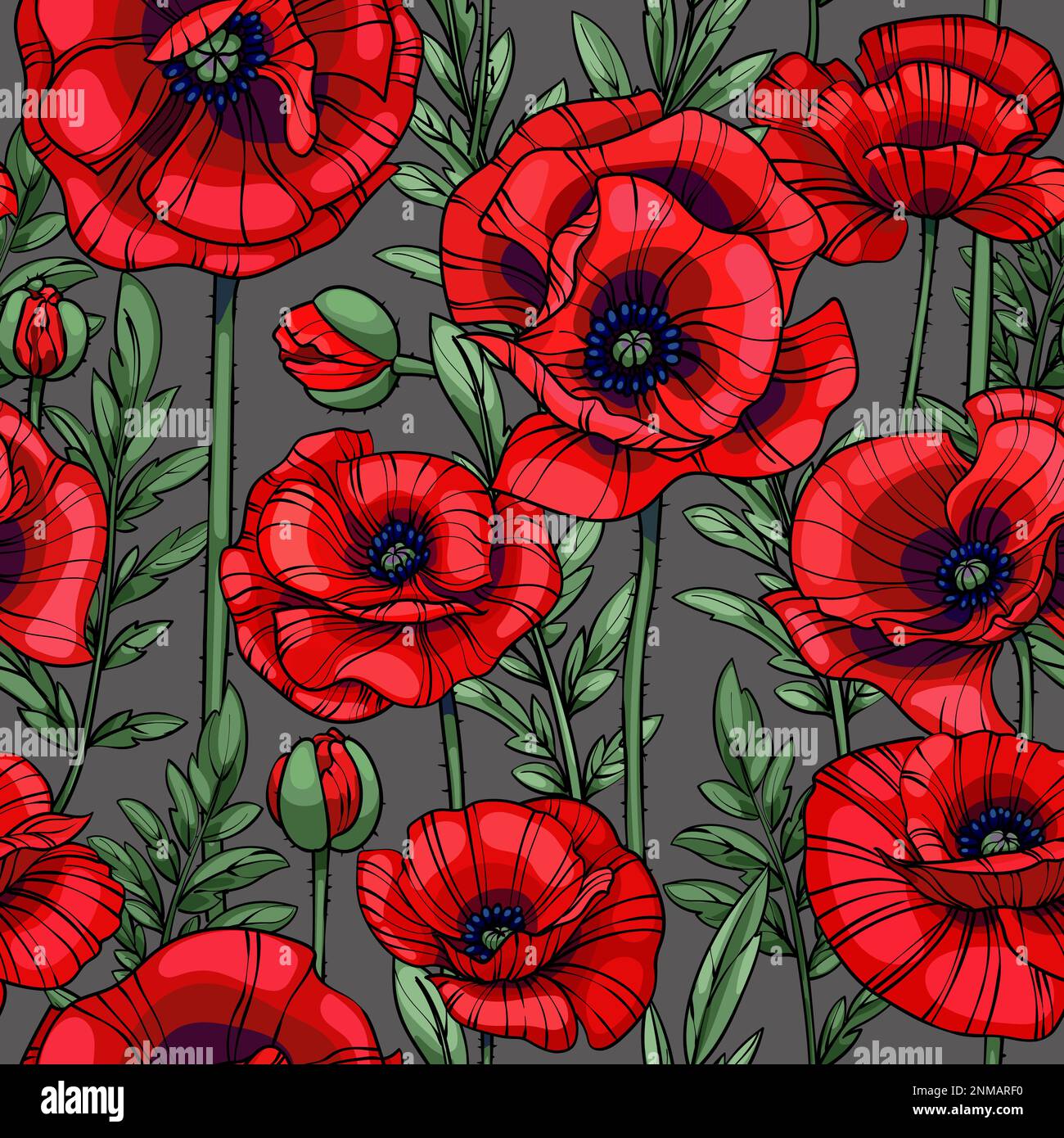 Scharlachrote Mohnblumen, nahtloses Vektormuster Stock Vektor