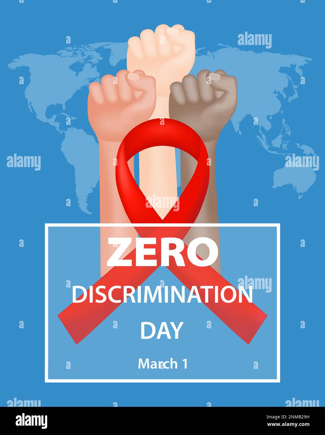 Feiern Sie den Zero-Discrimination-Tag mit einem Banner mit einem roten Band, geballten Fäusten von Menschen verschiedener Rassen und einer Weltkarte auf einem blauen Hintergrund Stock Vektor
