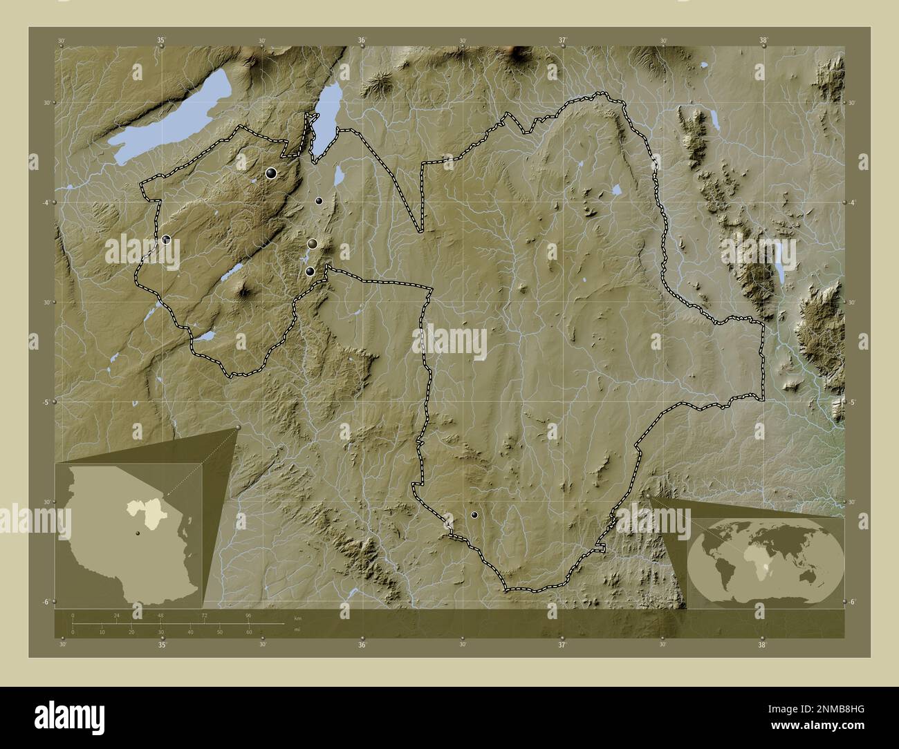 Manyara, Region Tansania. Höhenkarte im WikiStil mit Seen und Flüssen