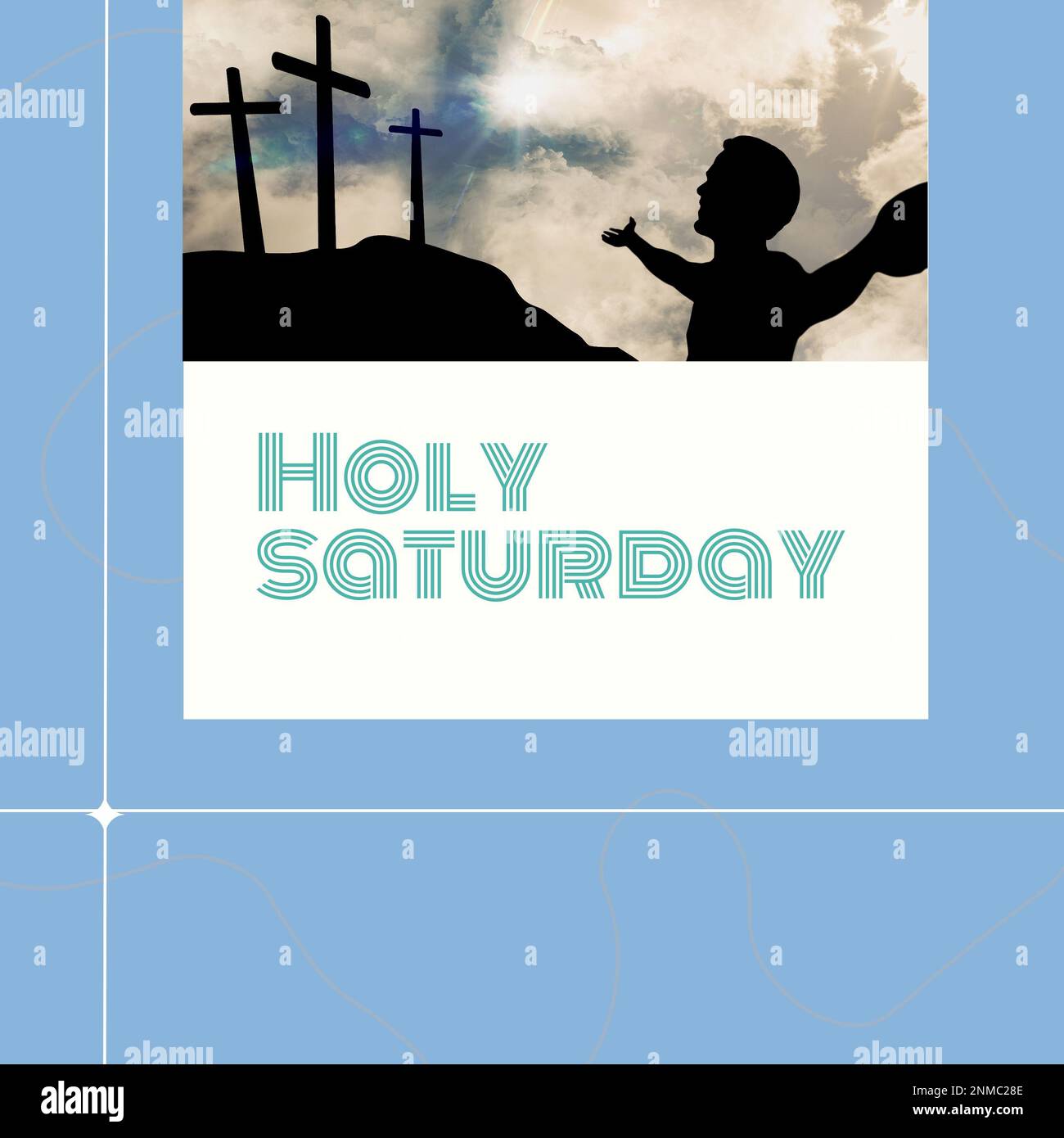 Komposition aus heiligem samstag und Silhouette Mann mit ausgestreckten Armen und Kreuz auf dem Berg. Raum kopieren, Himmel, Natur, Gebete, christentum, Endet Stockfoto