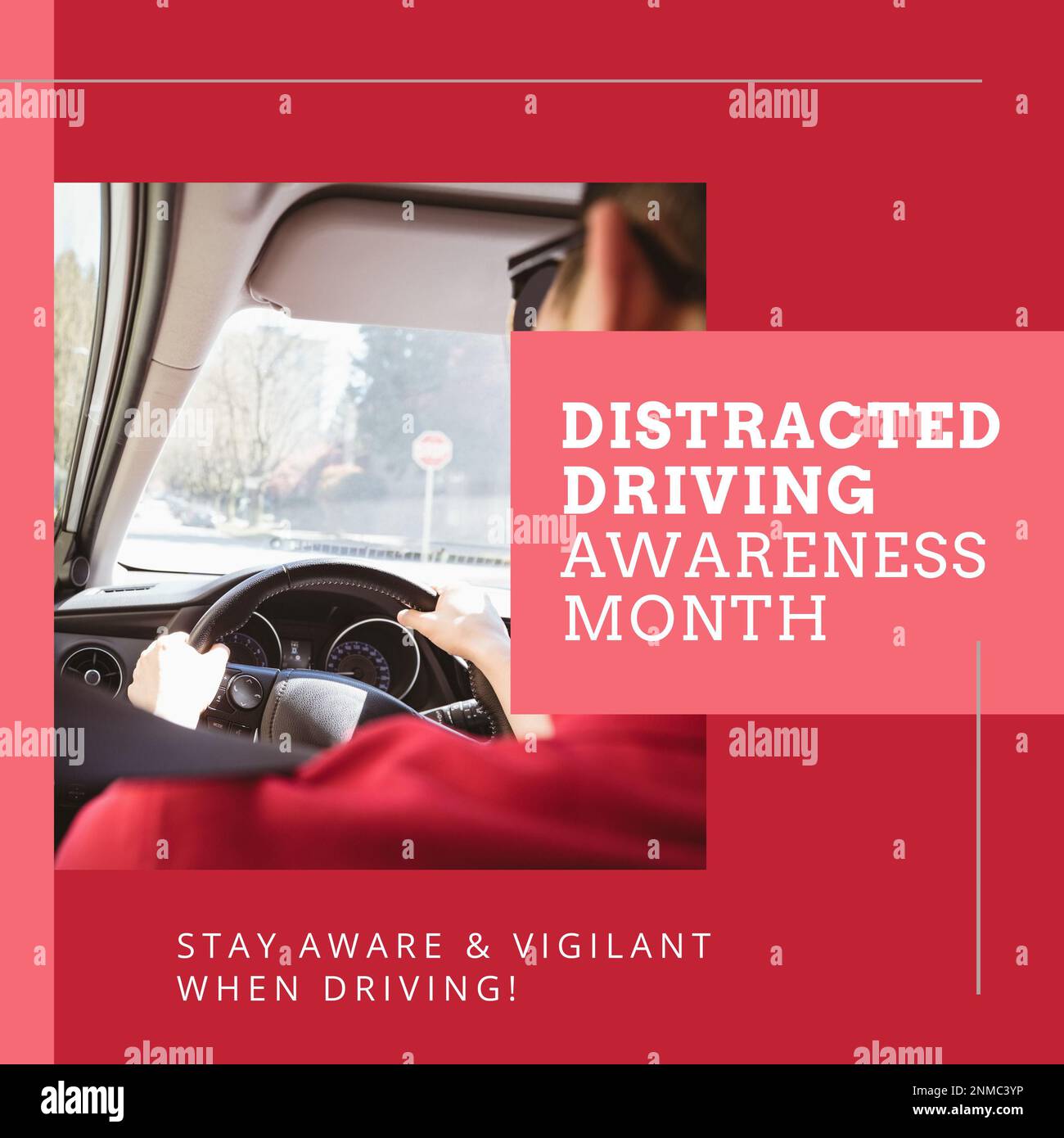 Zusammensetzung des Monatstextes der abgelenkten Fahrorientierung über einen Kaukasier, der Auto fährt Stockfoto