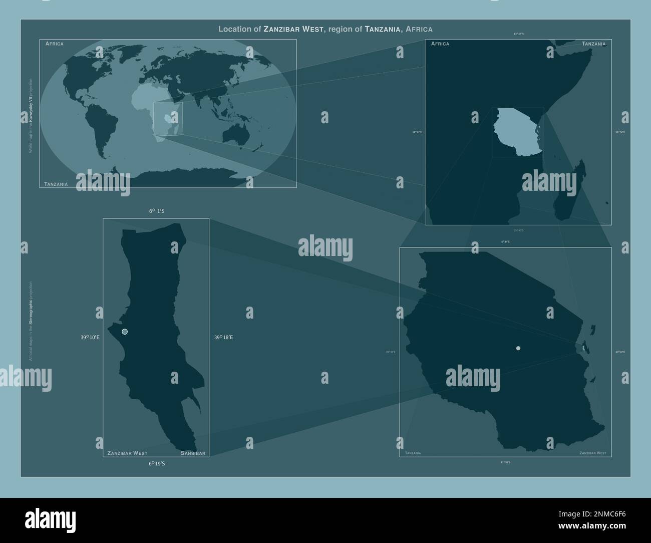 Sansibar West, Region Tansania. Diagramm, das die Position der Region