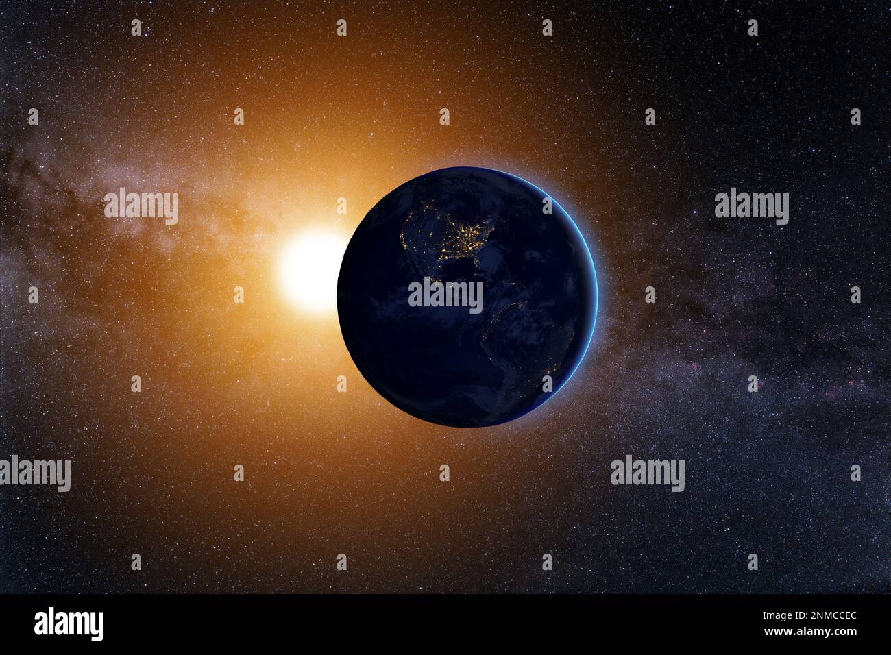 Planet Erde und aufstrebende Sonne gegen die Milchstraße, abstrakte Landschaft des Sonnensystems. Elemente dieses Bildes, bereitgestellt von der NASA. Stockfoto