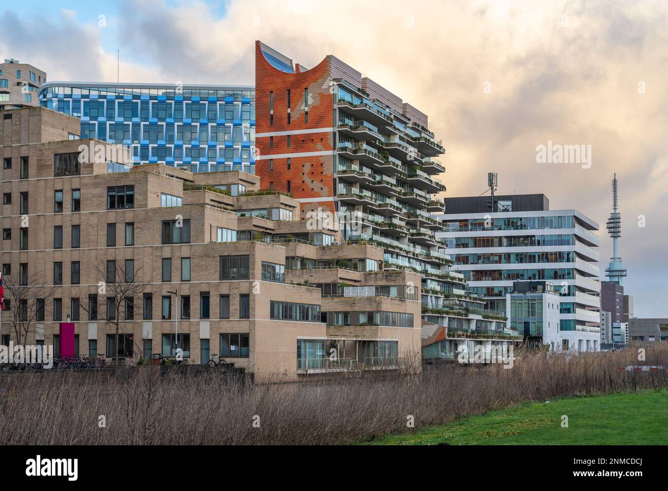 Stadtbild von Amsterdam Zuidas, neues, schnell entwickeltes Geschäftsviertel mit vielen Beispielen moderner, futuristischer Architektur Stockfoto