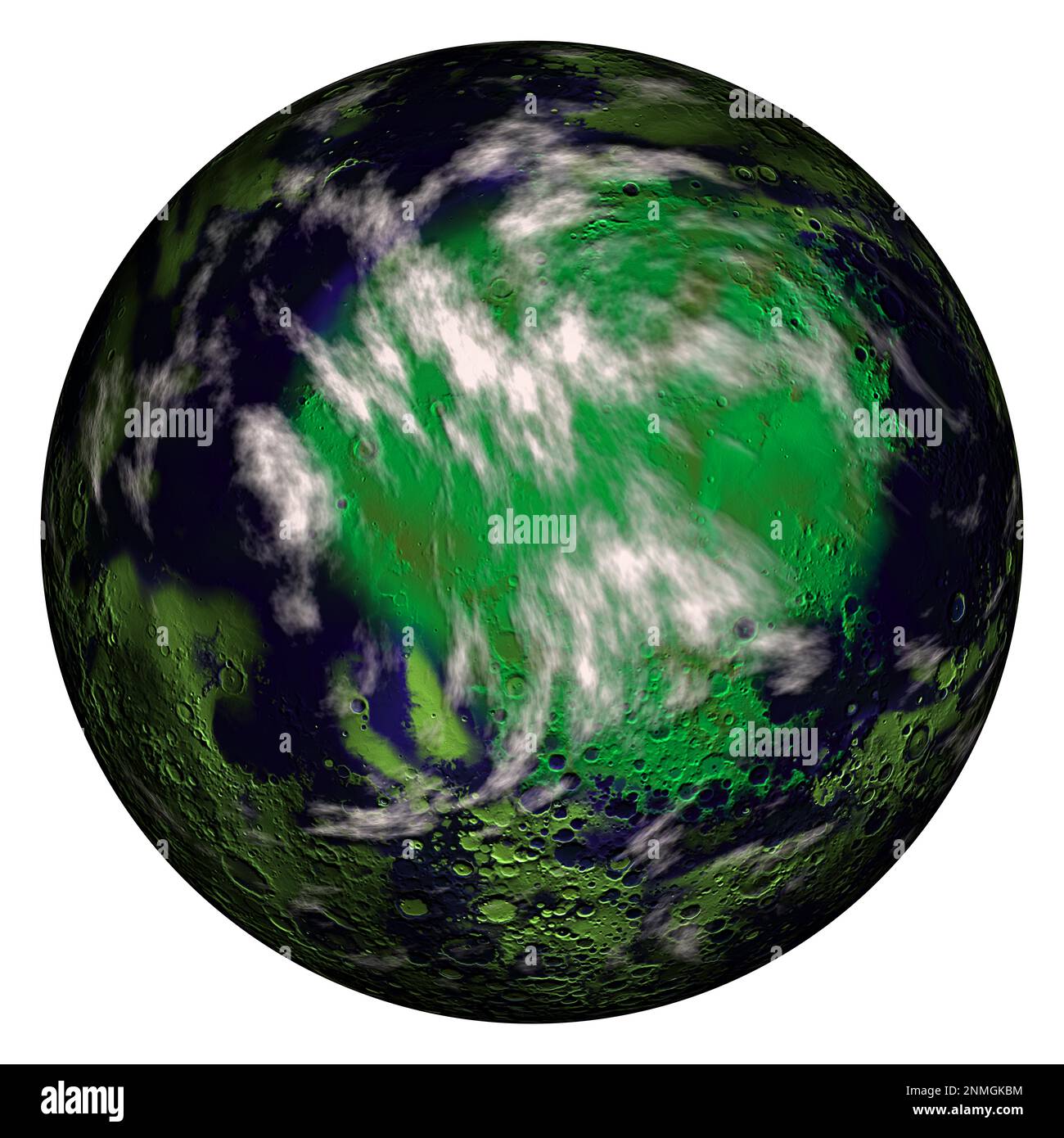 Digital gerenderter grüner Planet isoliert auf weißem Hintergrund Stockfoto