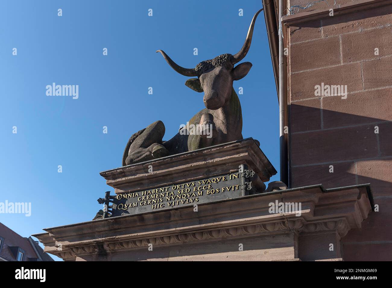 Historische Skulptur eines Ochsen auf der Fleischbrücke im ehemaligen Schlachthaus Nürnberg, Mittelfrankreich, Bayern Stockfoto