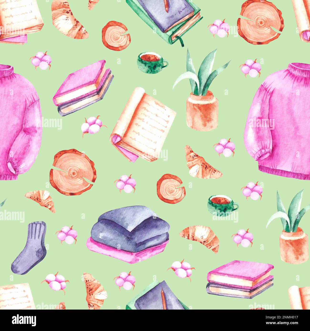 Aquarell grünes Muster mit gemütlichen Dingen Bücher, Pullover, Croissants, Baumwolle, Heimpflanzen für Produktdesign Stockfoto