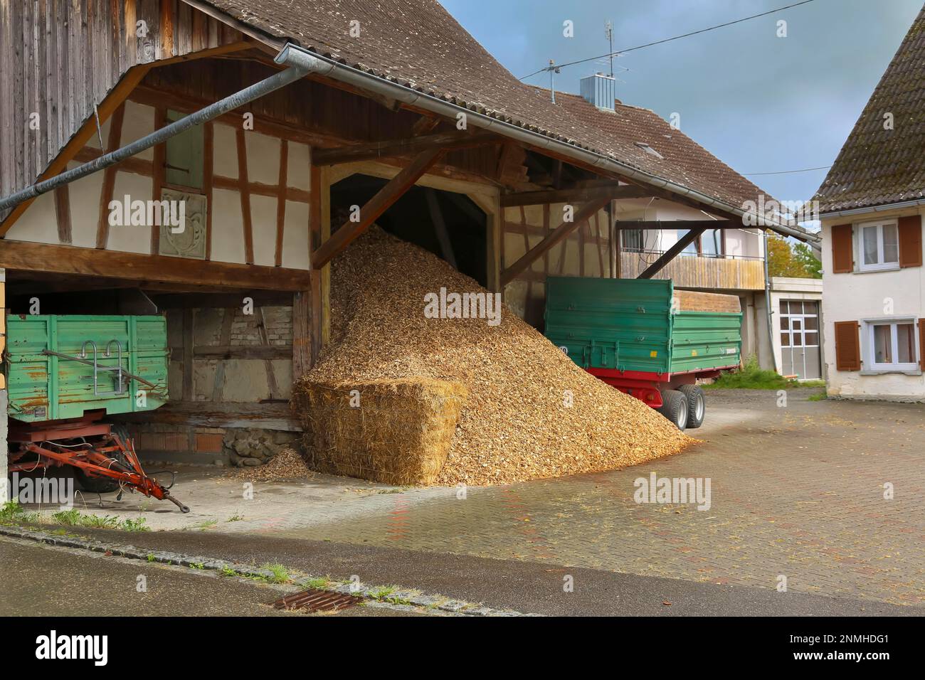 Halbholzbau, Scheune, Landwirtschaft, Agrarindustrie, Bauernhof, Anhänger, Strohhaufen, Rinderfutter, Heuboden, Leutkirch-Salem, Bodenseekreis Stockfoto