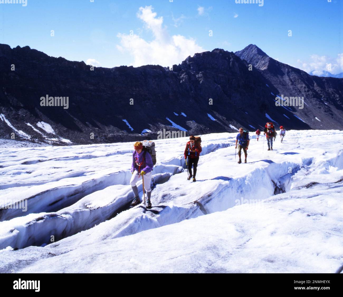 Bergwandern im Allgaeu, hier auf 9.8.1991 im Stubai-Tal und Wilden Freiger, ist ein gesunder Sport, DEU, Deutschland Stockfoto