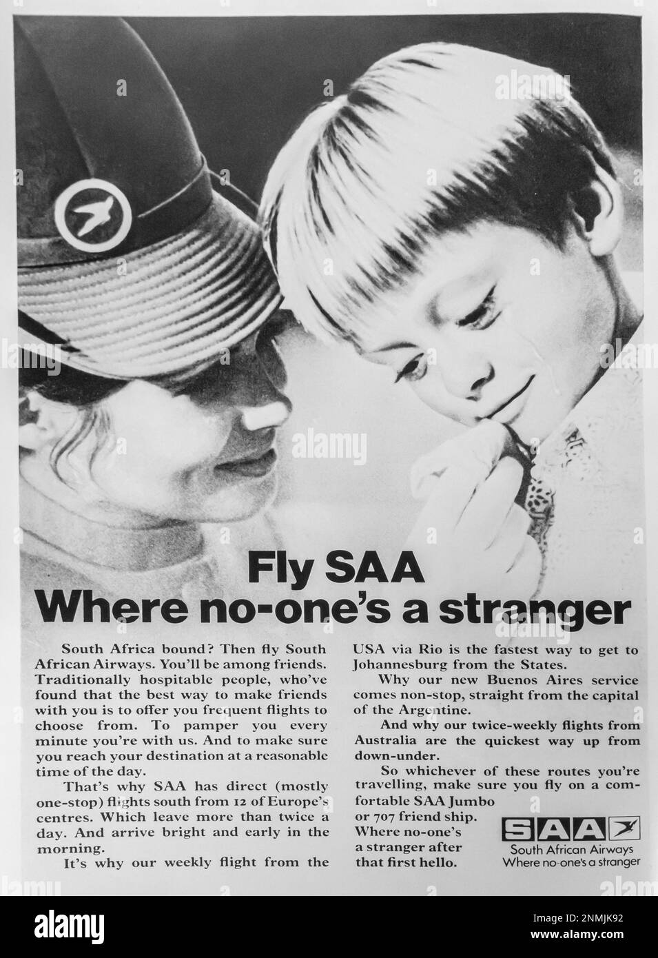 SAA South African Airways Werbung in einem Magazin in NatGeo, Oktober 1974 Stockfoto