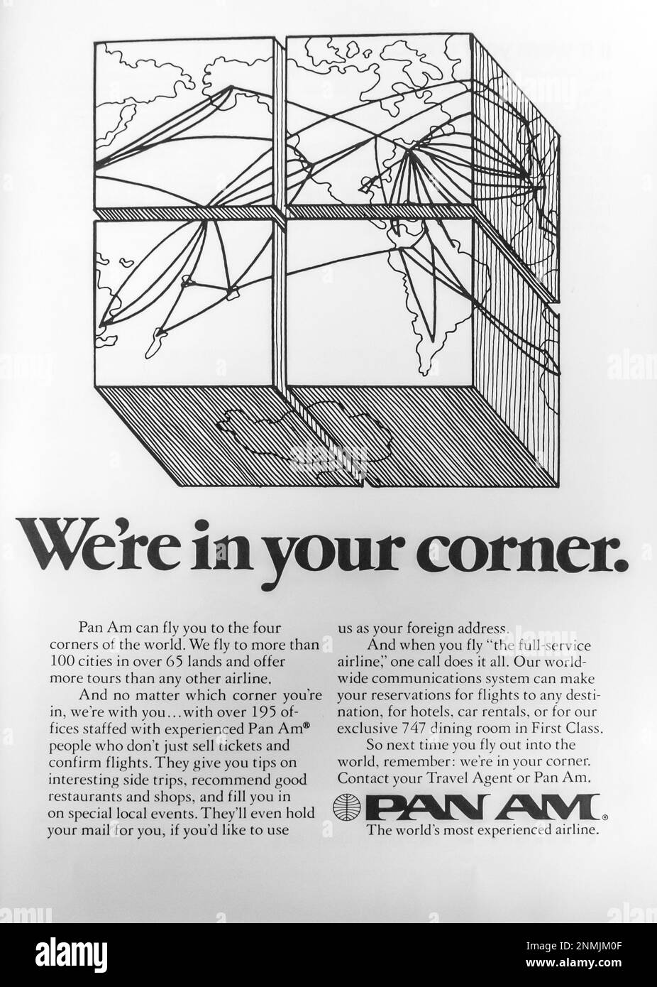 PanAm. Anzeige von Pan American Airlines in einer Zeitschrift von NatGeo, Oktober 1974 Stockfoto