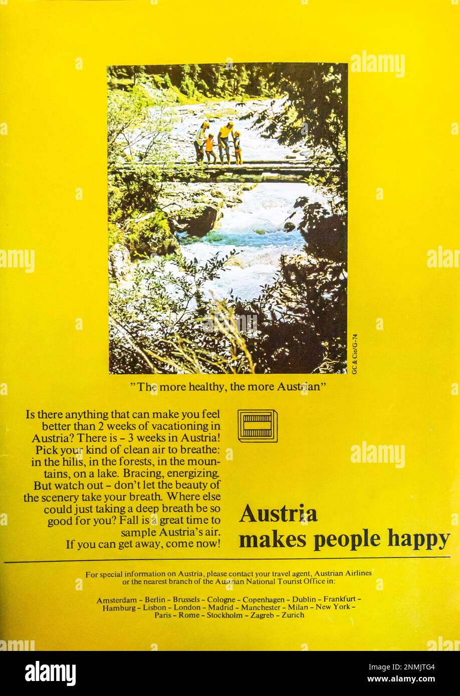 Anzeige „Reise nach Österreich“ in einer Zeitschrift NatGeo, September 1974 Stockfoto