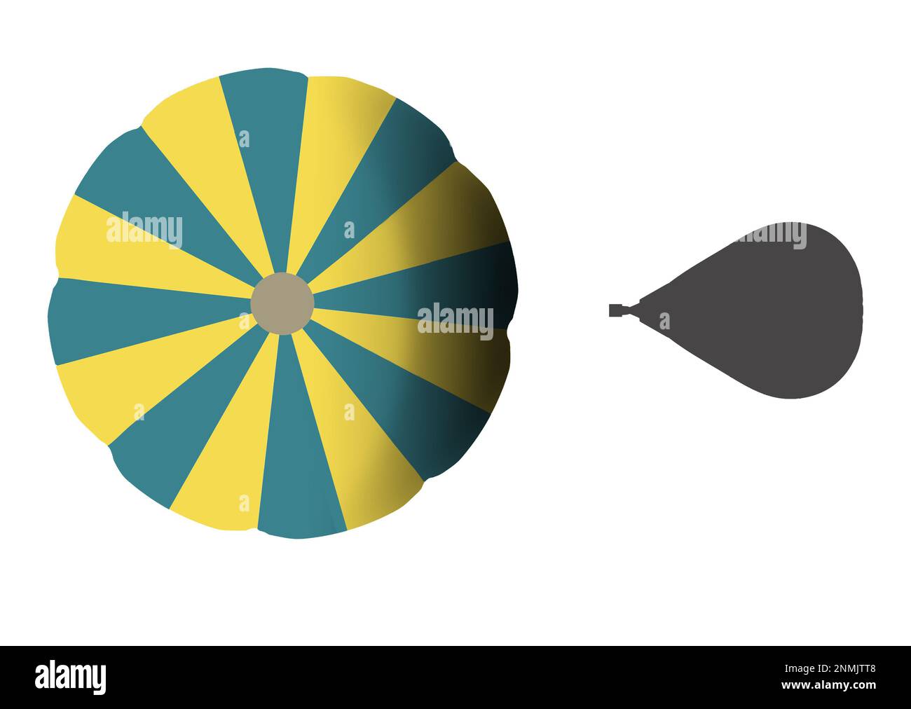 Ein Heißluftballon ist von oben zu sehen, und der Schatten des Ballons liegt auf einer Linie mit dem Winkel, in dem das Licht auf den Ballon trifft. Kopieren Sie dieses Bild, und fügen Sie es ein Stockfoto