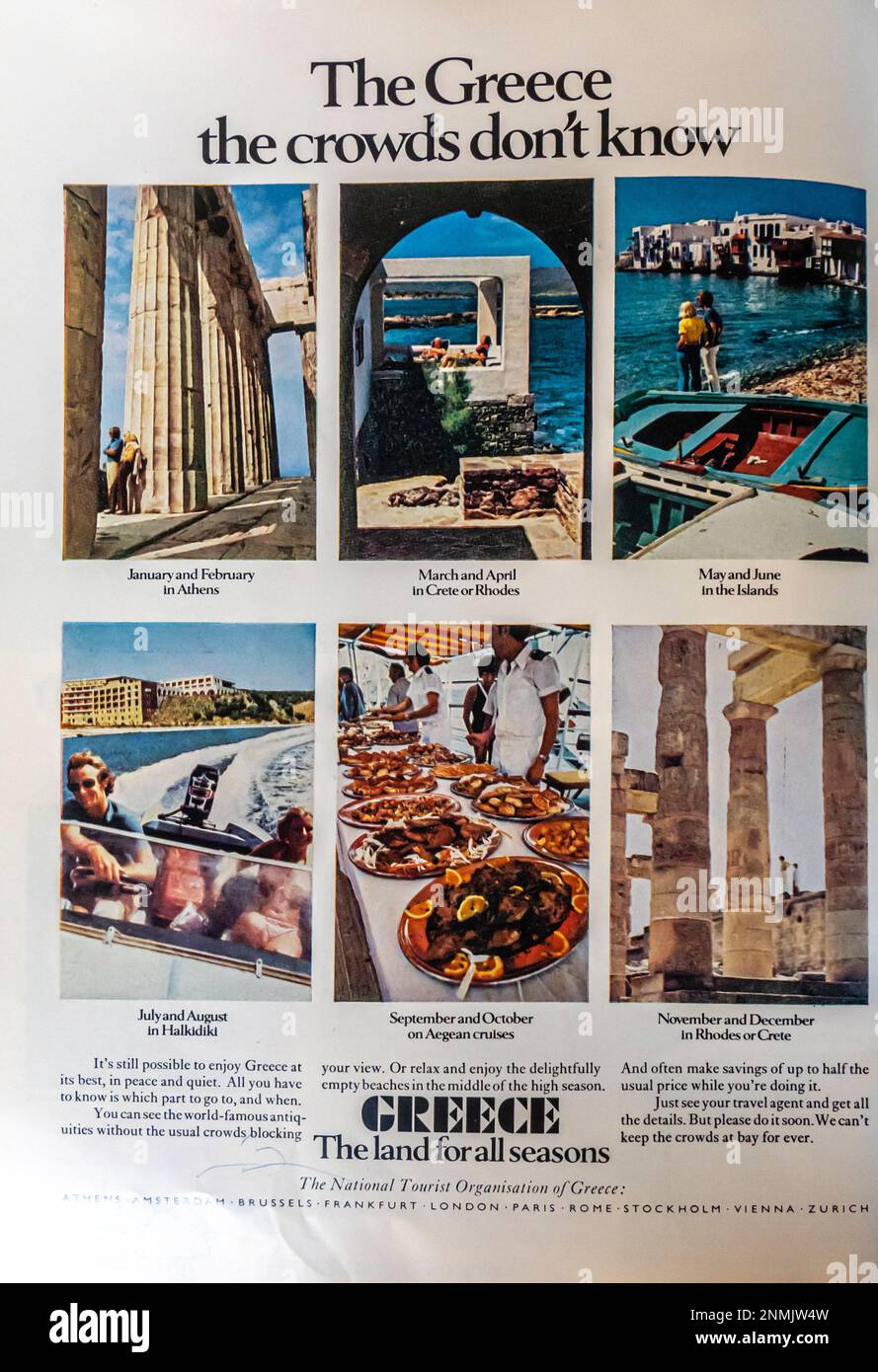 Reisewerbung für Griechenland in einer Zeitschrift NatGeo, September 1974. Werbung für die Tourismusorganisation Griechenlands Stockfoto