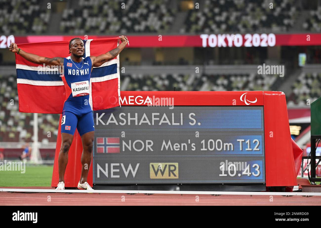 Norway's KASHAFALI Salum Ageze poses for a photo after winning the Men's 100m - T12 Final with a new world record at the Summer Paralympic Games in Tokyo on Aug. 29, 2021. ( The Yomiuri Shimbun via AP Images ) Stockfoto