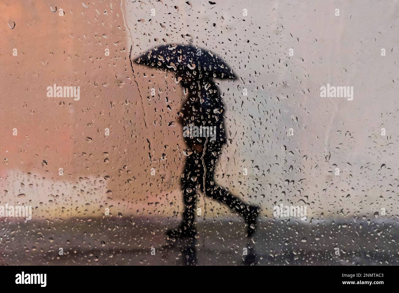 Los Angeles, Kalifornien, USA. 24. Februar 2023. Ein Fußgänger trägt einen  Regenschirm im Regen in Los Angeles am Freitag, den 24. Februar 2023.  Schnee, Regen und Hagel fielen heute über Südkalifornien, als