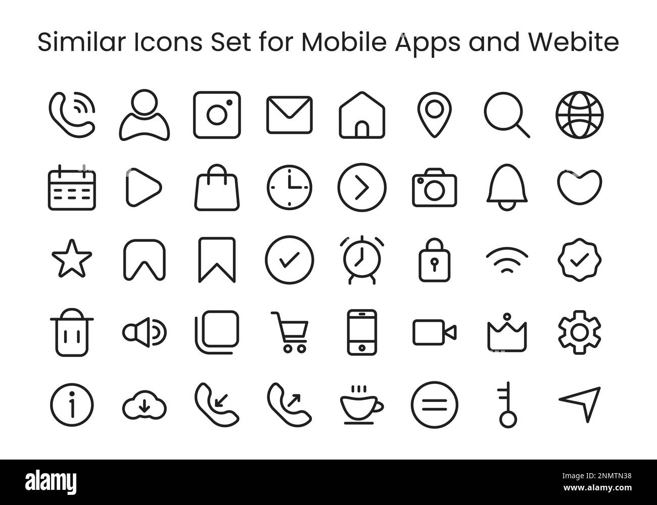 Ähnliche Symbole für die Benutzeroberfläche, mobile und App-Symbole mit schwarzer und weißer Umrandung Stock Vektor