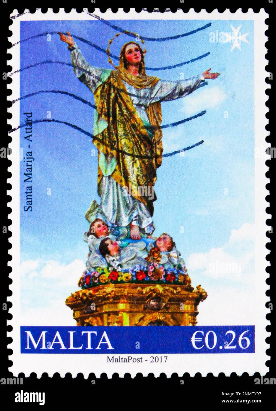 MOSKAU, RUSSLAND - 15. FEBRUAR 2023: Auf Malta gedruckte Briefmarke zeigt Statue of the Assumption of Our Lady, Attard, maltesische Festa 2017 Serie, circa Stockfoto