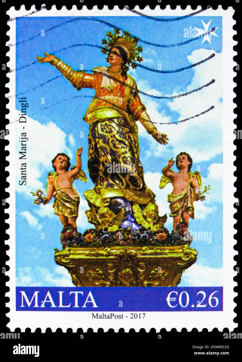 MOSKAU, RUSSLAND - 15. FEBRUAR 2023: Poststempel gedruckt in Malta zeigt die Statue of the Assumption of Our Lady, Dingli, maltesische Festa 2017 Serie, circa Stockfoto