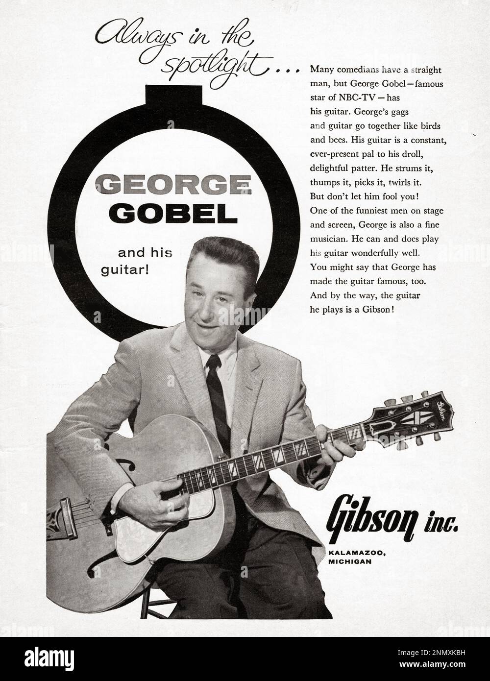 Ein Werbespot für Gibson-Gitarren mit einer Empfehlung des frühen Fernsehstars George Gobel. Aus einer Musikzeitschrift aus dem Jahr 1961. Stockfoto