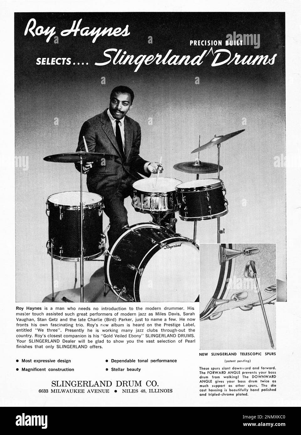 Ein ganzseitiger Werbespot für Slingerland Drums aus einem amerikanischen Musikmagazin aus dem Jahr 1961 mit der Jazz-Schlagzeugerlegende Roy Haynes. Stockfoto