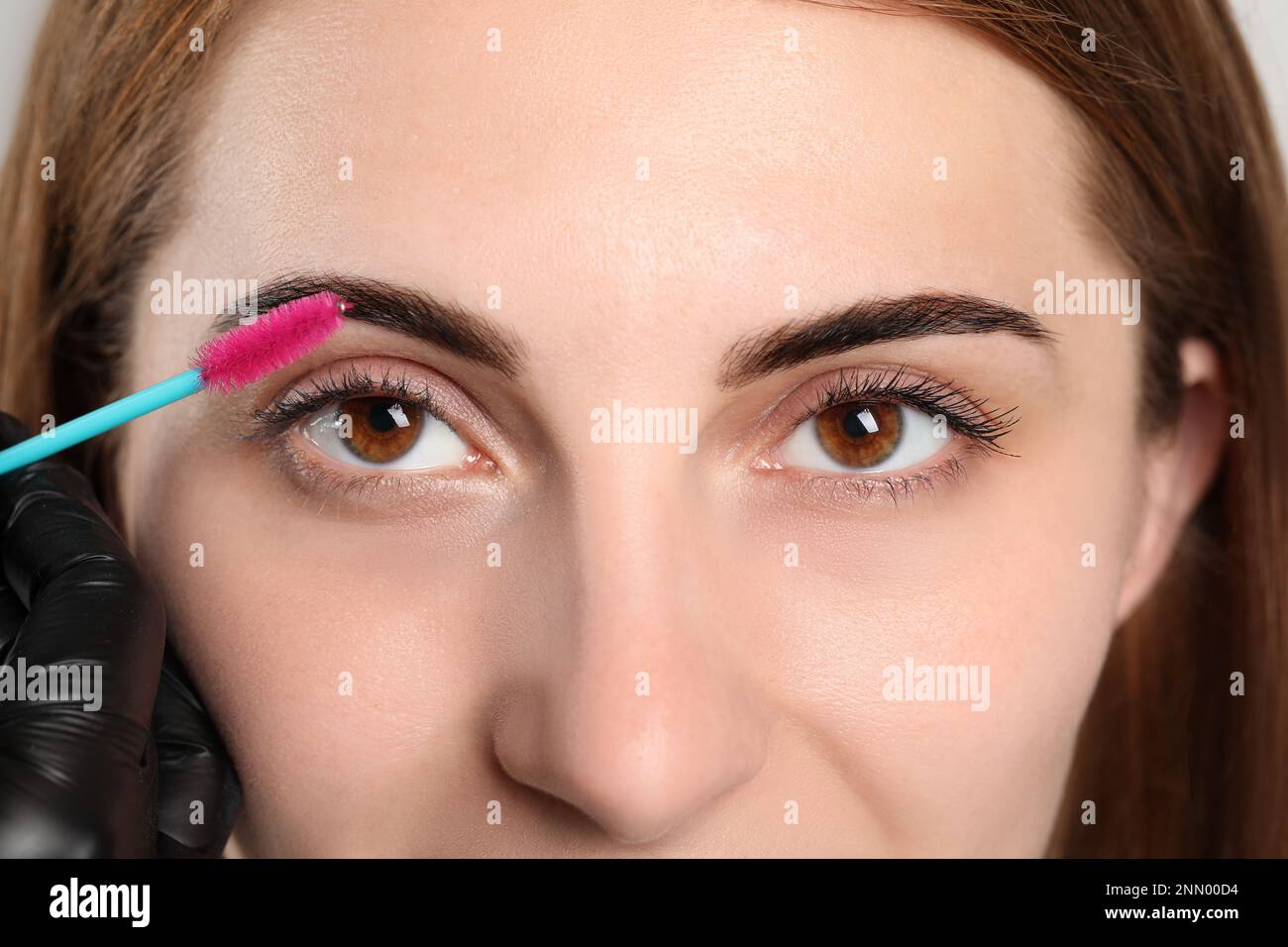 Kosmetikerin putzt die Augenbrauen der Frau nach dem Abfärben, Nahaufnahme Stockfoto