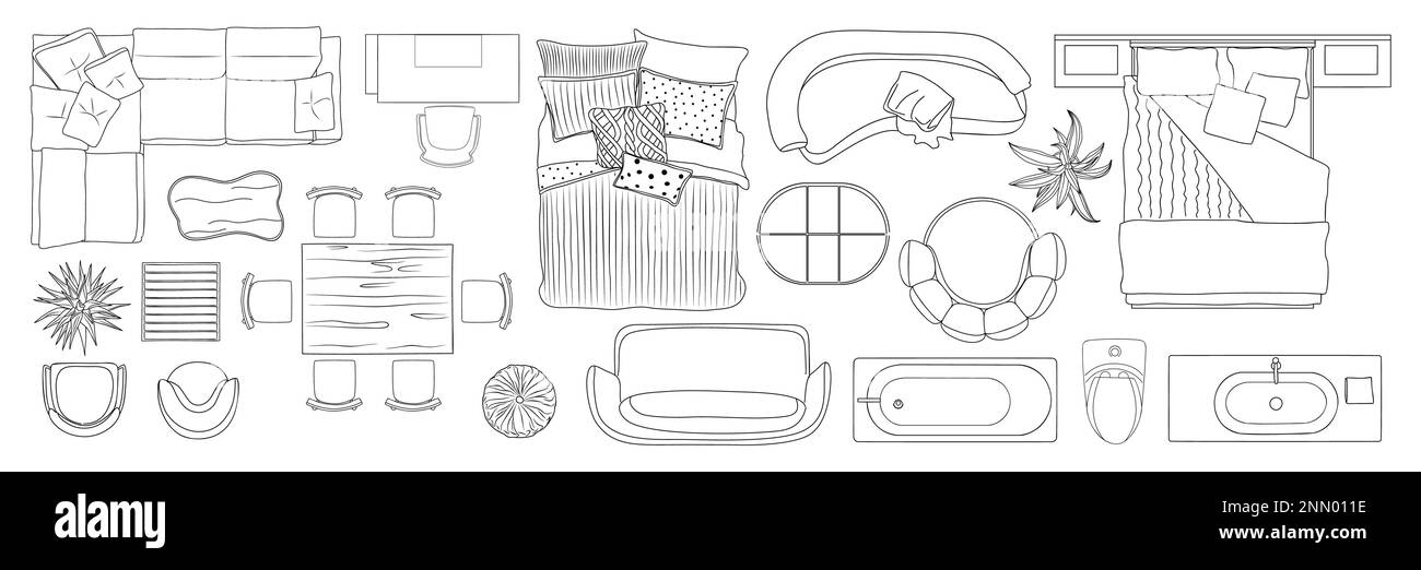 Satz von Möbeln, Linienkunstzeichnungen, Draufsicht. Stock Vektor