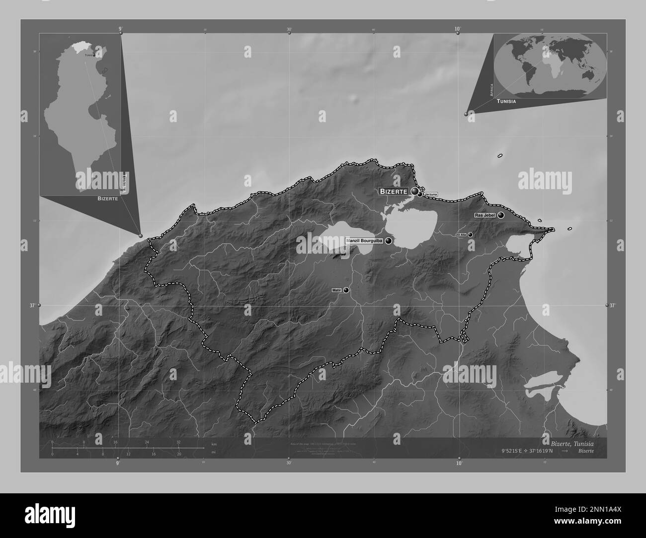 Bizerte, tunesische Regierung. Grauskala-Höhenkarte mit Seen und Flüssen. Standorte und Namen der wichtigsten Städte der Region. Ecken-Zusatzgerät, niedrig Stockfoto