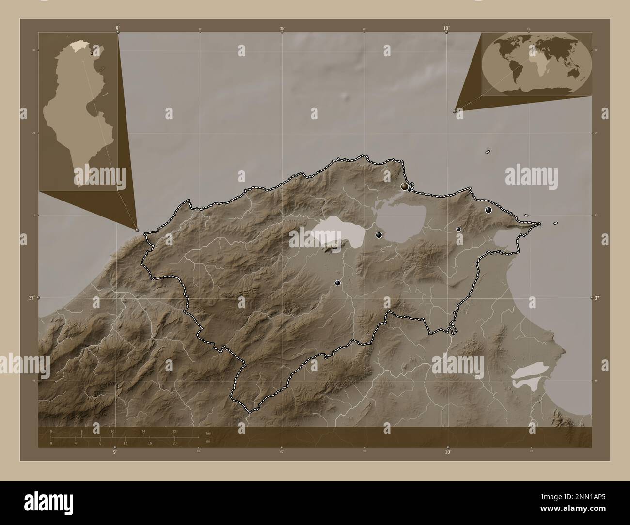 Bizerte, tunesische Regierung. Höhenplan in Sepia-Tönen mit Seen und Flüssen. Standorte der wichtigsten Städte der Region. Ecken-Zusatzgerät Stockfoto