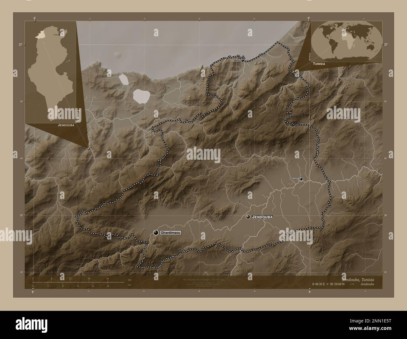 Jendouba, Gouverneur Tunesiens. Höhenplan in Sepia-Tönen mit Seen und Flüssen. Standorte und Namen der wichtigsten Städte der Region. Corne Stockfoto