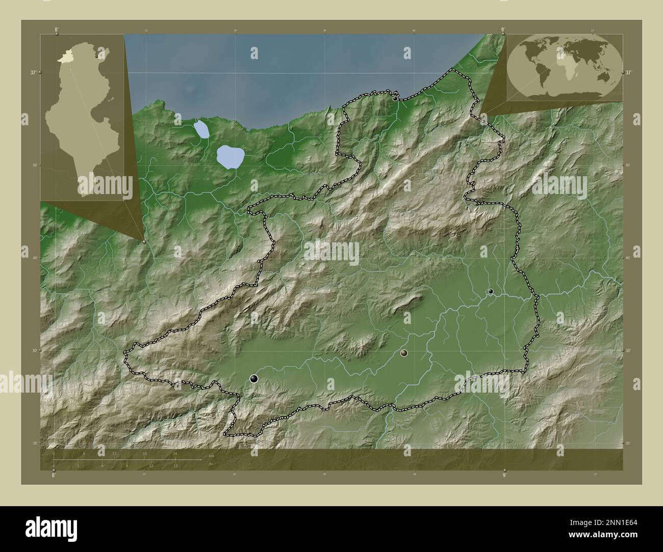 Jendouba, Gouverneur Tunesiens. Höhenkarte im Wiki-Stil mit Seen und Flüssen. Standorte der wichtigsten Städte der Region. Ecken-Zusatzgerät Stockfoto