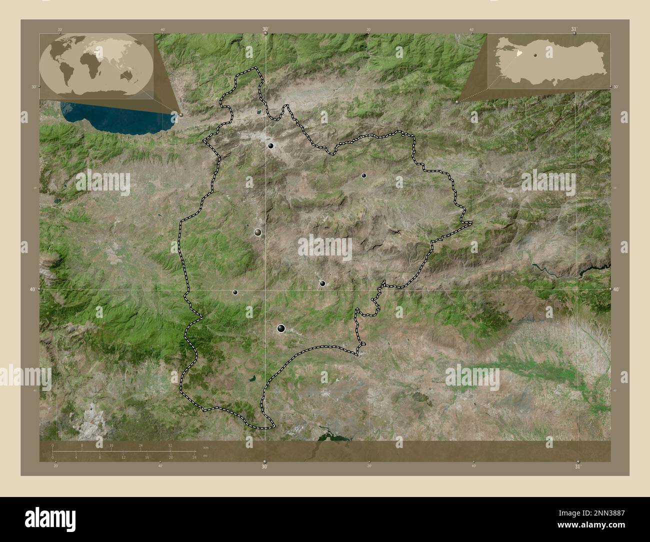 Bilecik, Provinz Turkiye. Hochauflösende Satellitenkarte. Standorte der wichtigsten Städte der Region. Eckkarten für zusätzliche Standorte Stockfoto