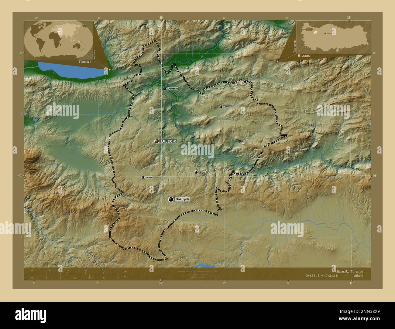 Bilecik, Provinz Turkiye. Farbige Höhenkarte mit Seen und Flüssen. Standorte und Namen der wichtigsten Städte der Region. Zusätzliche Lage in der Ecke Stockfoto