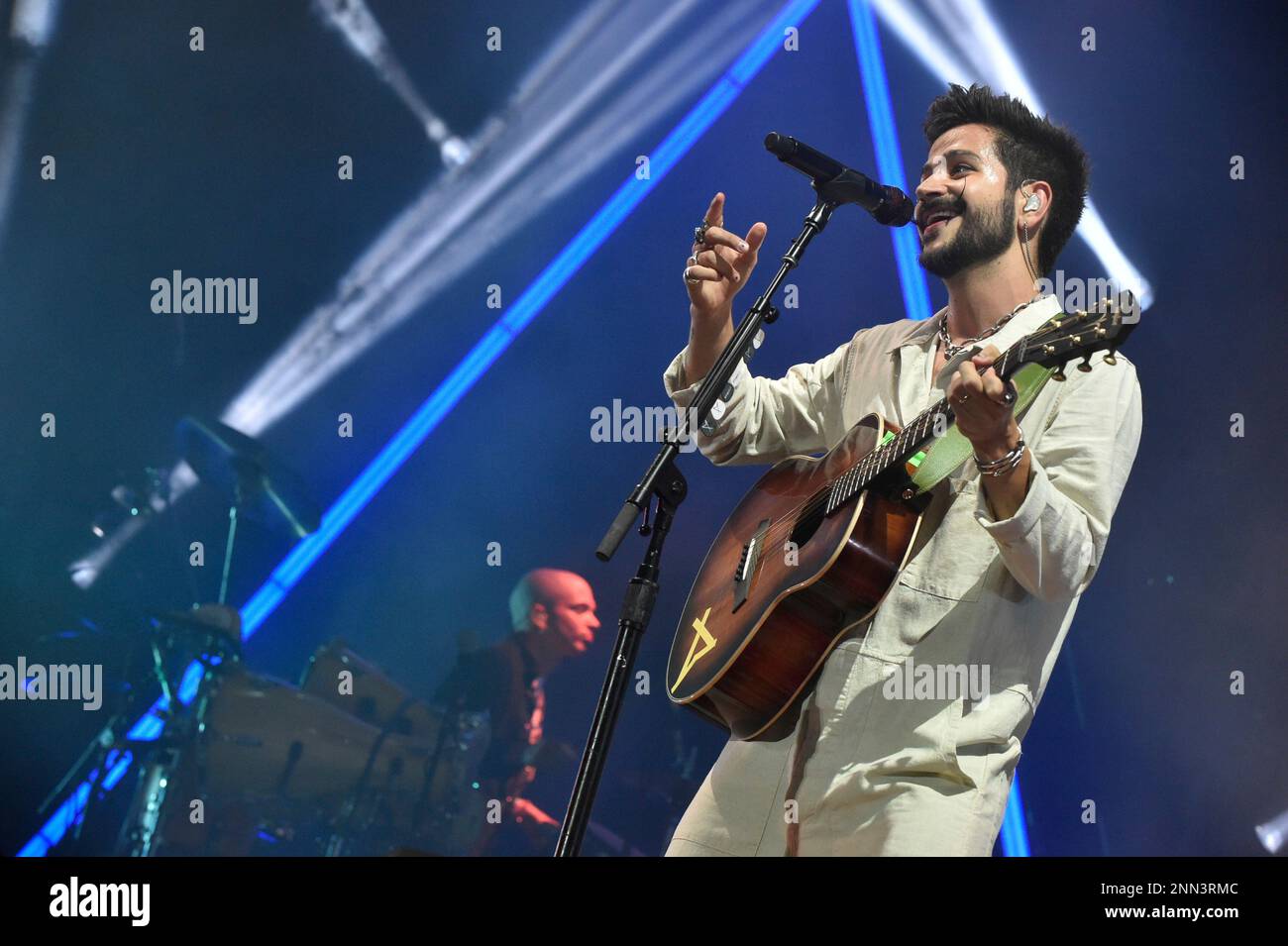 The Colombian singer-songwriter and producer Camilo, performs at the Enrique Roca Stadium, on July 7, 2021, in Murcia (Spain). Camilo, known for his pop music, makes his first stop of the tour 'Mis Manos tour' in Murcia to present some of his hits like 'Vida de Rico' (four times platinum in Spain, No. 1 on radio), 'Bebé' (double platinum), 'Ropa Cara' and 'Machu Pichu' (platinum). DIMA 07/07/2021 (Europa Press via AP) Stockfoto