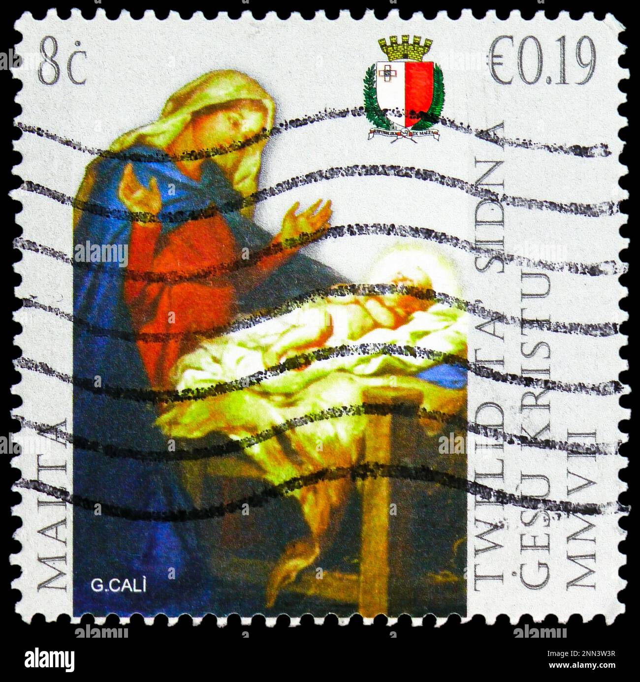 MOSKAU, RUSSLAND - 15. FEBRUAR 2023: Auf Malta gedruckte Briefmarken zeigen „Madonna und Baby Jesus“ von Giuseppe Calì, Weihnachtsserie, ca. 2007 Stockfoto
