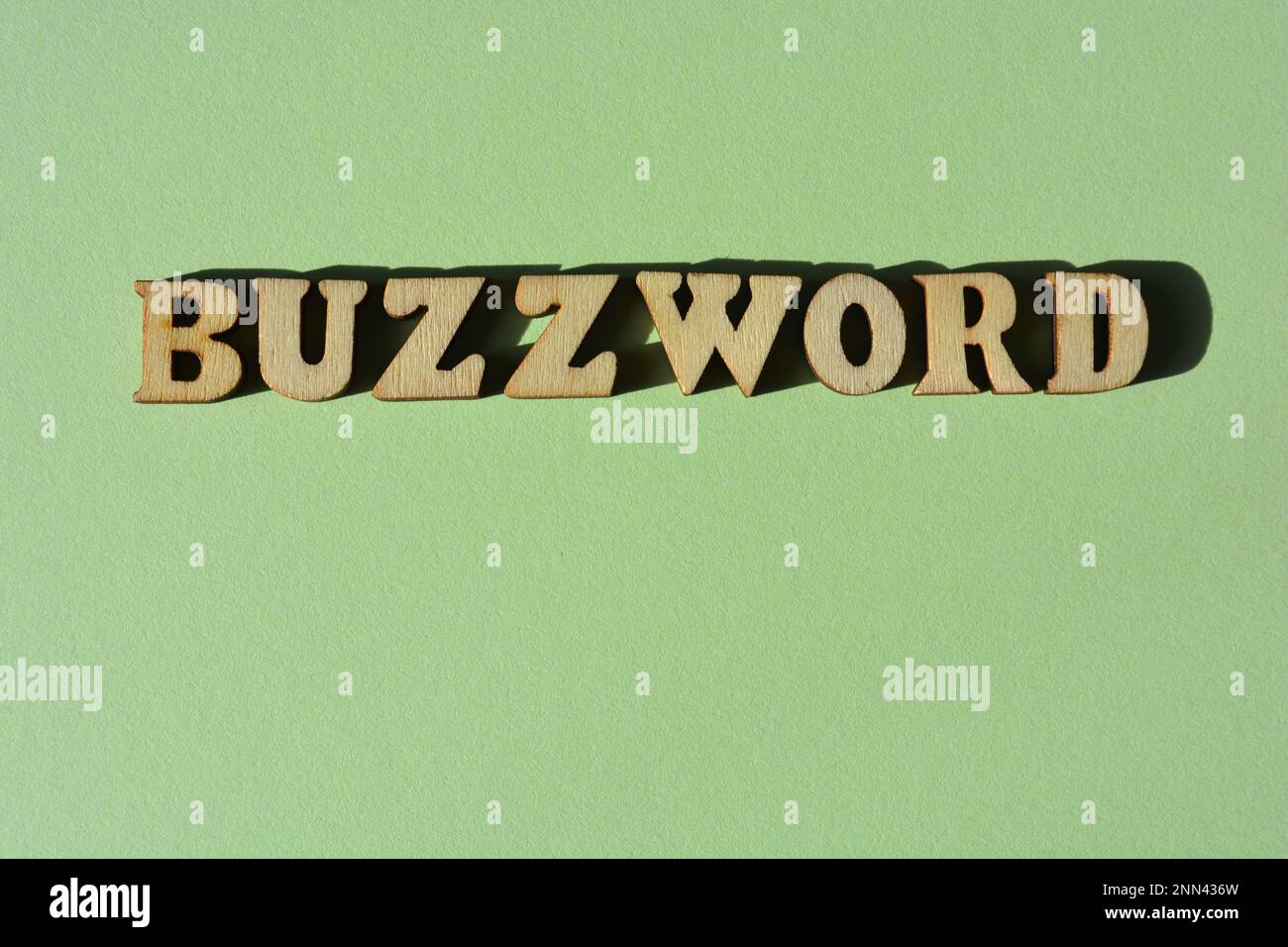 Buzzword, Wort in hölzernen Buchstaben isoliert auf grünem Hintergrund Stockfoto