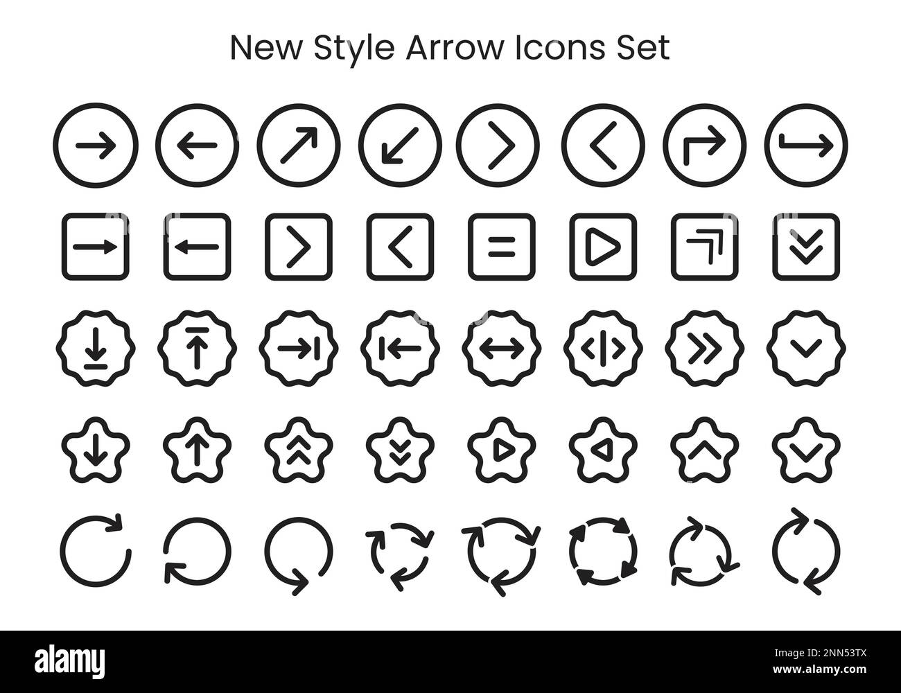 Pfeil-Symbol-Vektor mit Schwarz-Weiß-Farbe, Linkspfeil, Rechtspfeil, Aufwärtspfeil, Abwärtspfeil, Gekrümmt Stock Vektor