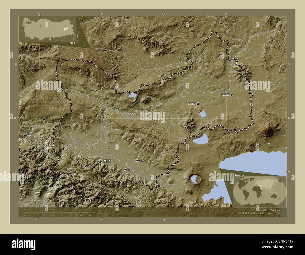 Mus, Provinz Turkiye. Höhenkarte im WikiStil mit Seen und Flüssen
