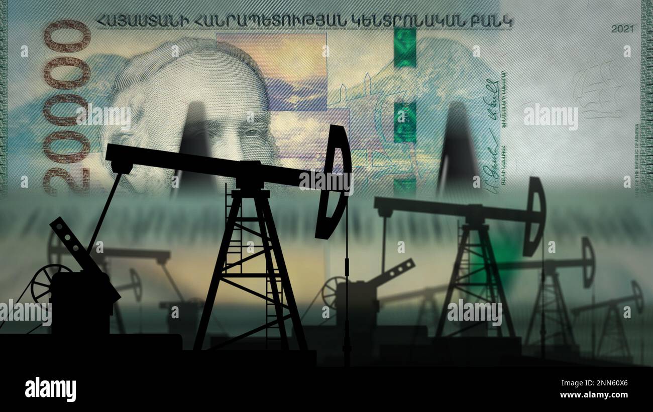 Armenien Geld Armenische DRAM Geldzählmaschine mit Ölpumpe. Erdöl- und Brennstoffenergiegeschäft mit AMD-Banknotenzählung. Economy Abstract CO Stockfoto