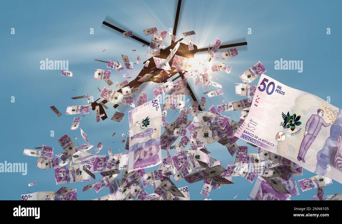 Kolumbien Pesos Banknoten Helikopter Geldeinwurf. Die kolumbianischen COP 50000-Notizen enthalten einen Abstract 3D-Konzept von Inflation, Gelddruck, Finanzwesen, Wirtschaft, Cris Stockfoto