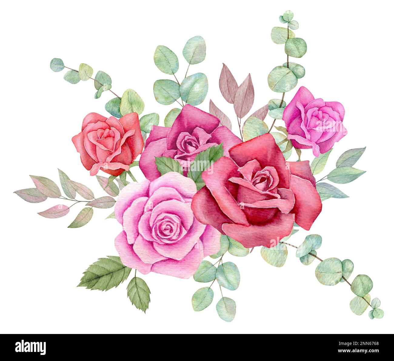 Aquarelle Rose und Eukalyptusbouquet. Blumenmuster im Grünen. Handgezeichnete Aquarelle am Valentinstag. Dekorative Designelemente. Stockfoto