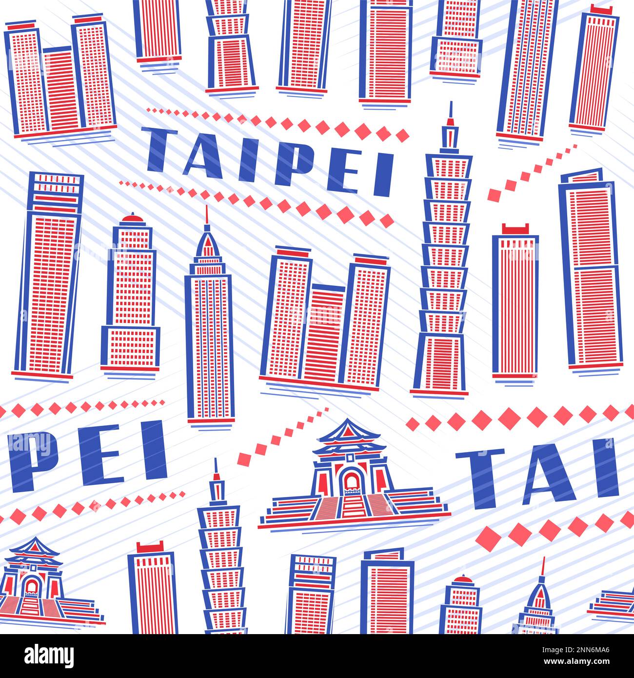 Vector Taipei Seamless Pattern, quadratischer, wiederholter Hintergrund mit einer Illustration der berühmten modernen stadtlandschaft taipeh auf weißem Hintergrund für Geschenkpapier, Stock Vektor