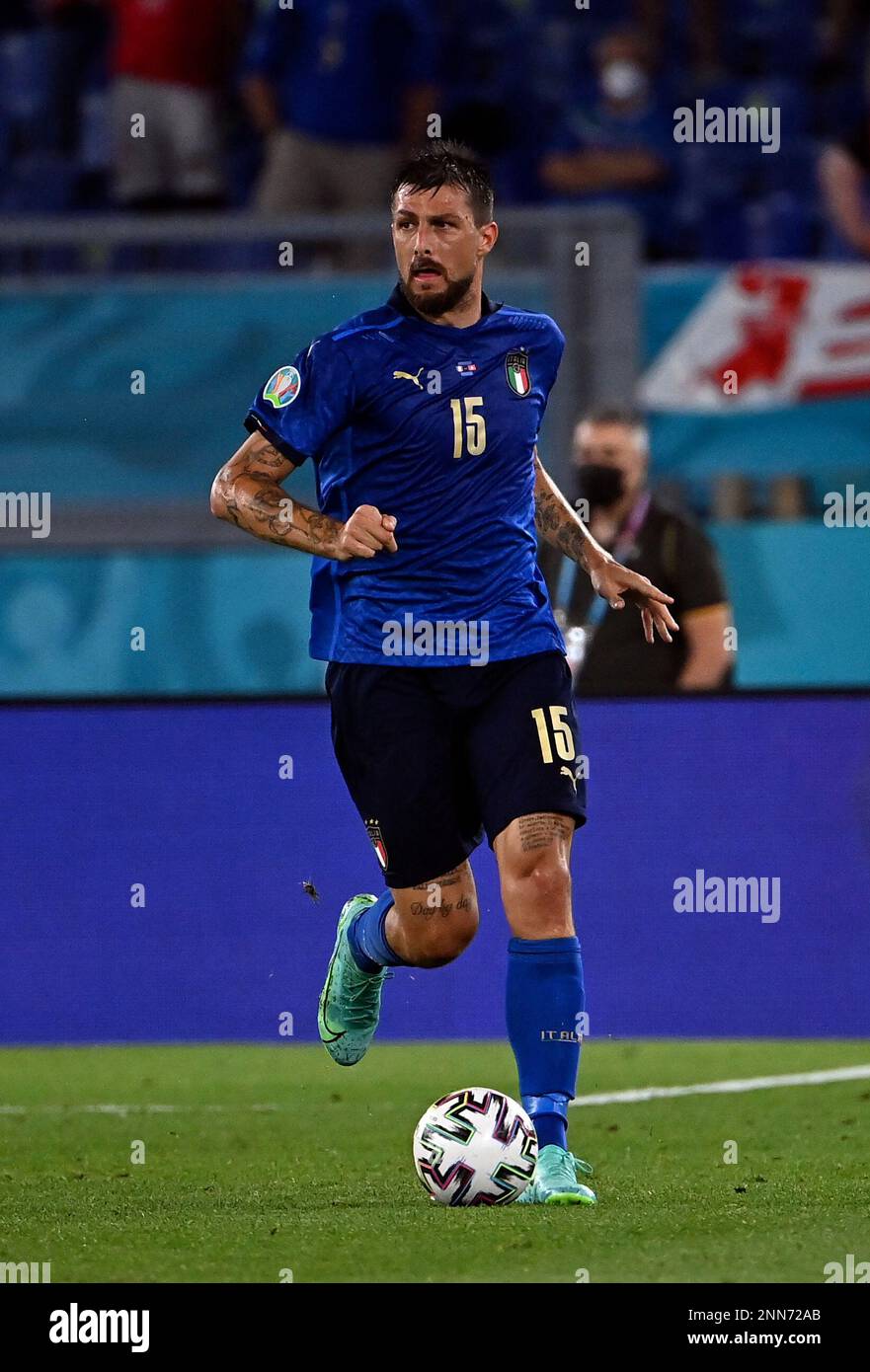 Italy's Francesco Acerbi in action during the Euro 2020 soccer championship group A match between Italy and Switzerland at Olympic stadium in Rome, Wednesday, June 16, 2021. (Andreas Solaro/Pool Photo via AP) Stockfoto