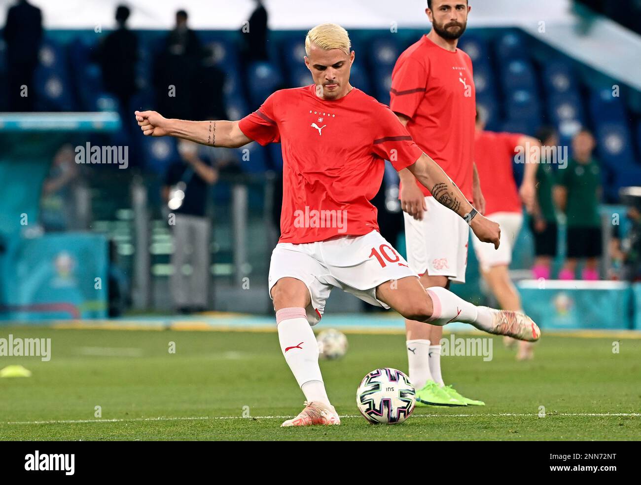 Switzerland's Granit Xhaka warms up before the Euro 2020 soccer championship group A match between Italy and Switzerland at Olympic stadium in Rome, Wednesday, June 16, 2021. (Andreas Solaro/Pool Photo via AP) Stockfoto