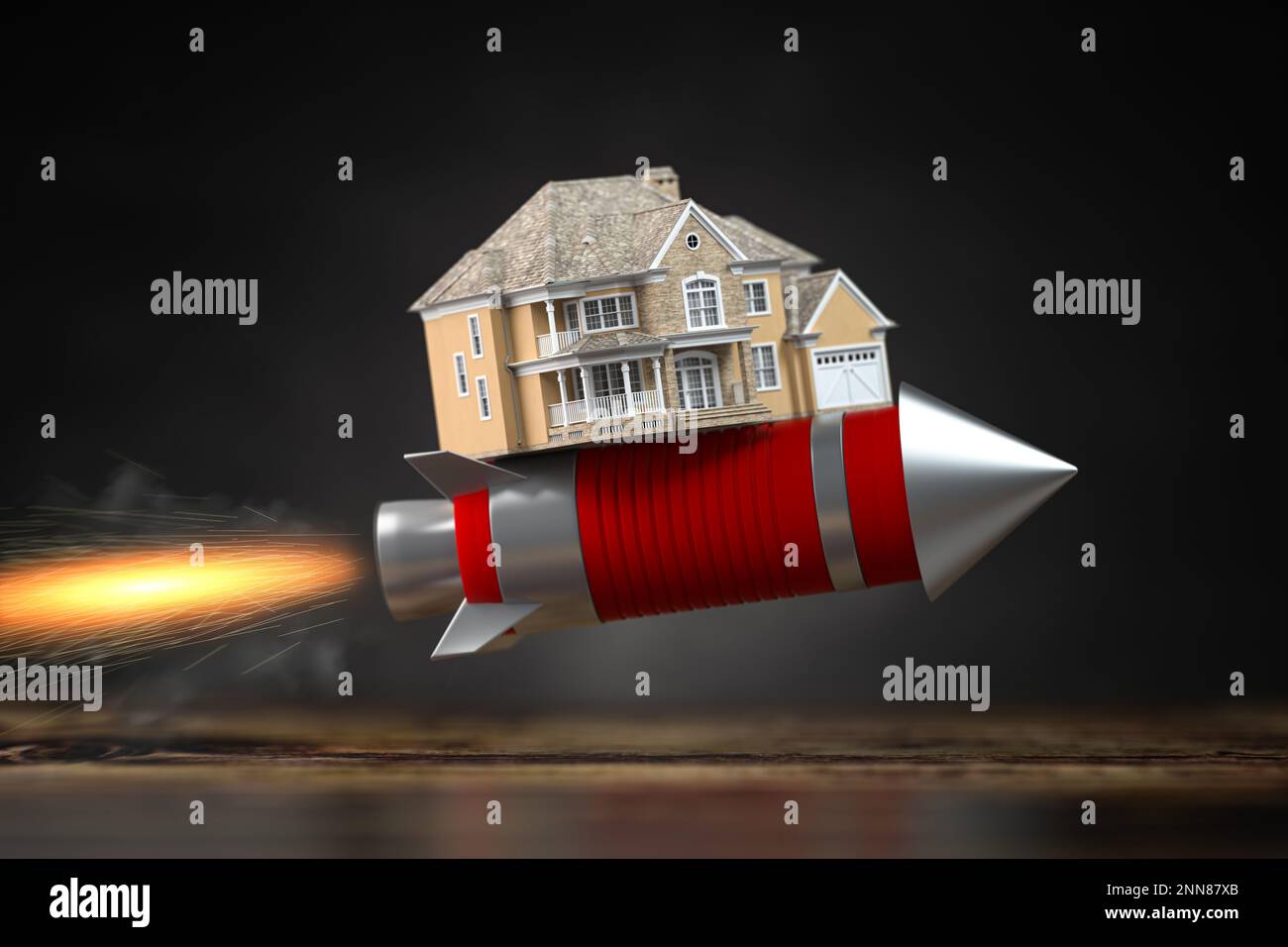 Wachstum des Immobilienmarkts. Wohnungswert, Hypothekenzinsen und Wohnimmobilienpreise steigen an. Haus auf einer fliegenden Rakete. 3D Abbildung Stockfoto