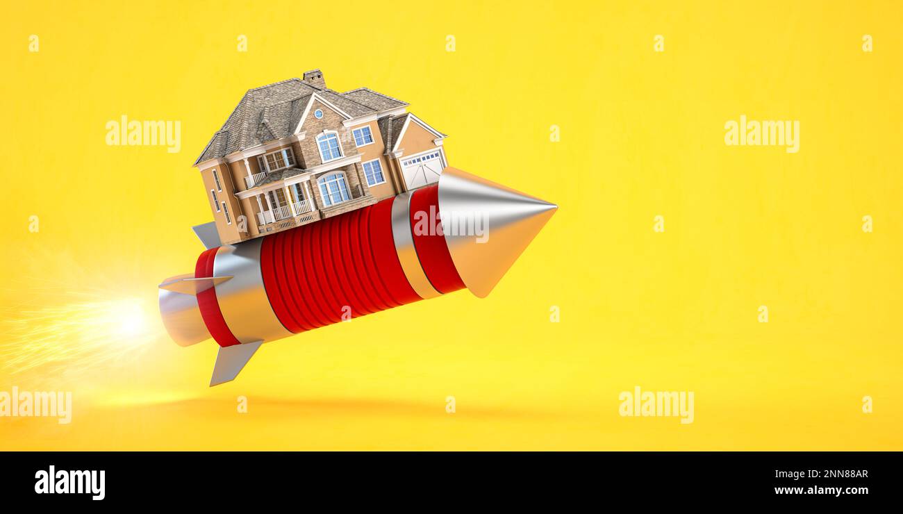 Wachstum des Immobilienmarkts. Wohnungswert, Hypothekenzinsen und Wohnimmobilienpreise steigen an. Haus auf einer fliegenden Rakete. 3D Abbildung Stockfoto