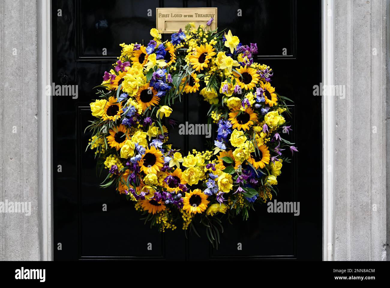 Der ukrainische Sonnenblumenkranz hing an der Tür der Downing Street 10, um den ersten Jahrestag der russischen Invasion der Ukraine zu feiern. Downing Street, London, Großbritannien. Stockfoto
