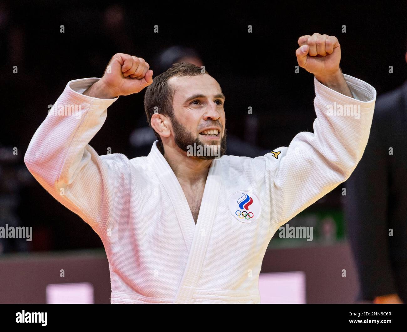 Yakub Shamilov of Russia jubilates after defeated Orkhan Safarov of Azerbaijan during their the bronze medal fight in men's 66kg category of World Judo Championships in Papp Laszlo Budapest Sports Arena, Budapest, Hungary, Monday, June 7, 2021. (Zsolt Szigetvary/MTI via AP) Stockfoto